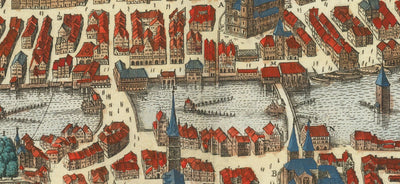 Viejo mapa de Zurich, Suiza 1638 de Matthaus Merian - Lago Zurich, Río Limmat, Canales, Paredes del castillo, Escudo de armas