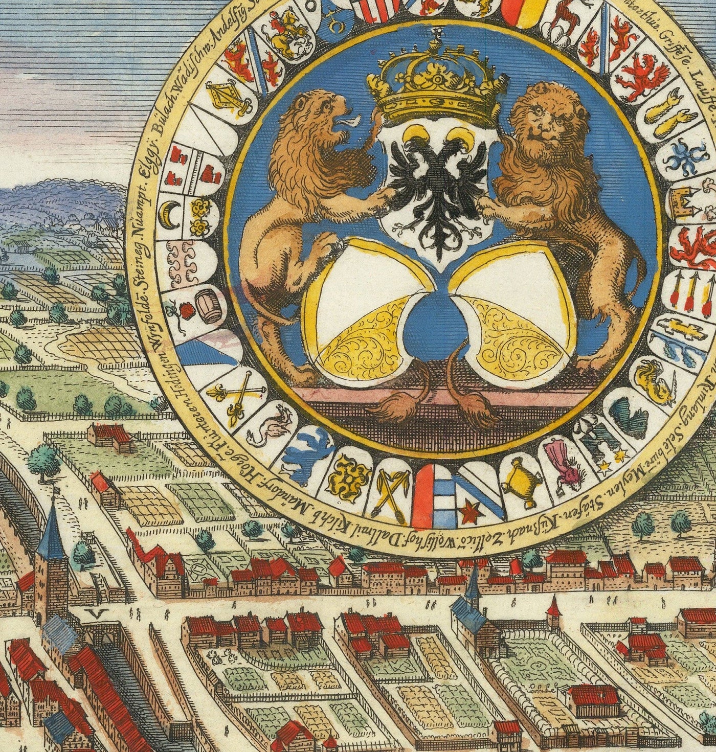 Viejo mapa de Zurich, Suiza 1638 de Matthaus Merian - Lago Zurich, Río Limmat, Canales, Paredes del castillo, Escudo de armas