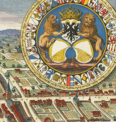 Viejo mapa de Zurich, Suiza 1638 de Matthaus Merian - Lago Zurich, Río Limmat, Canales, Paredes del castillo, Escudo de armas