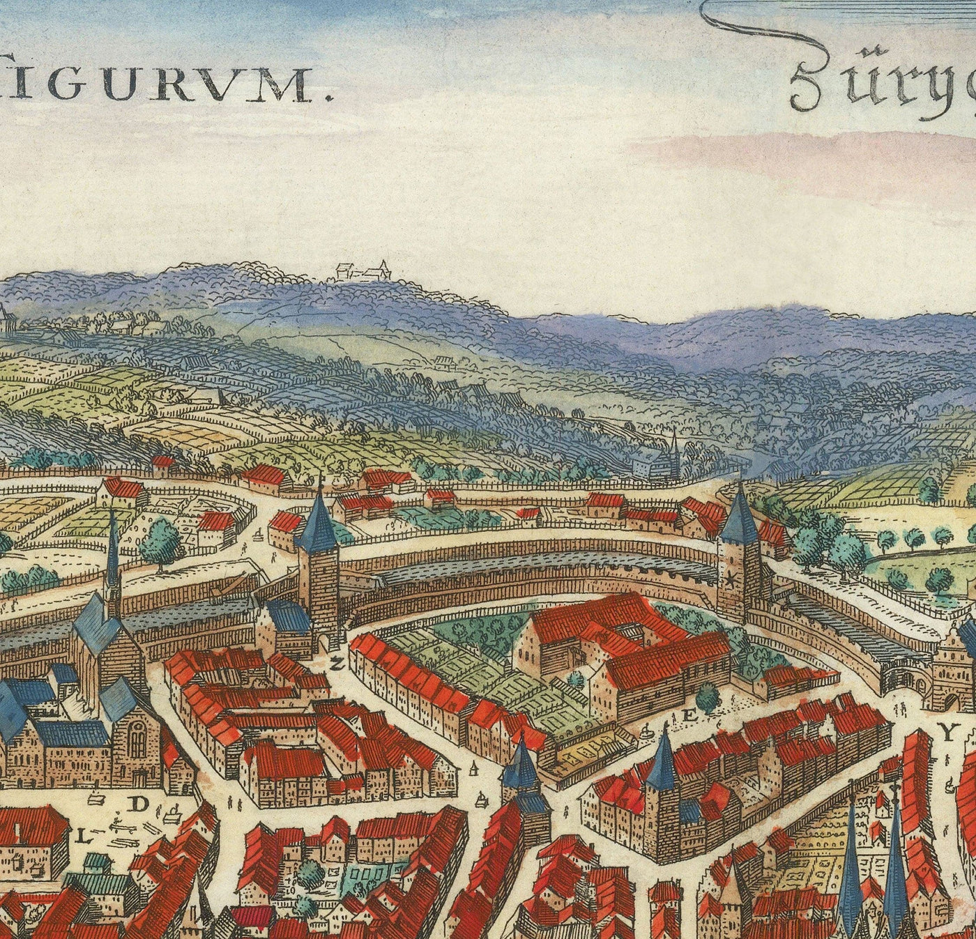 Viejo mapa de Zurich, Suiza 1638 de Matthaus Merian - Lago Zurich, Río Limmat, Canales, Paredes del castillo, Escudo de armas
