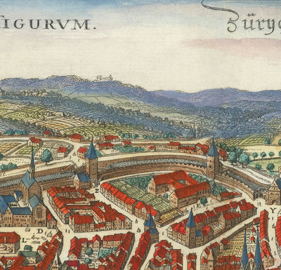Viejo mapa de Zurich, Suiza 1638 de Matthaus Merian - Lago Zurich, Río Limmat, Canales, Paredes del castillo, Escudo de armas